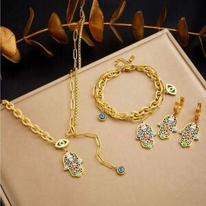 Elegant Stainless GoldSteel Women's Bohemian Palm Pendant with Eye and Oil Drop